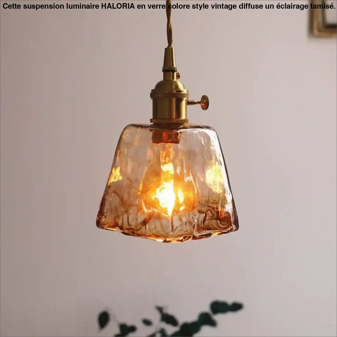 Suspension luminaire art déco verre ambré texturé vintage