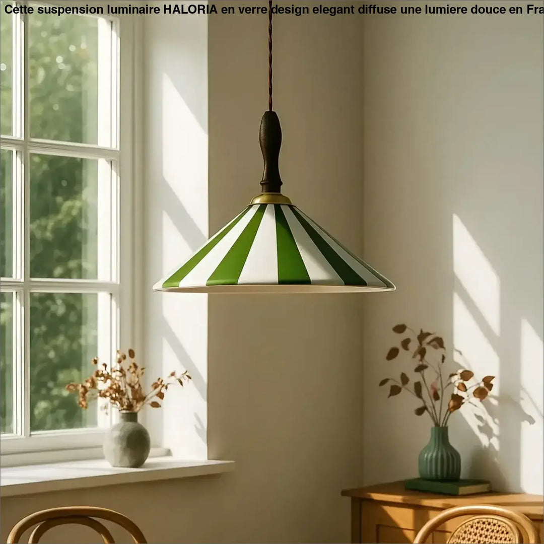 Suspension luminaire nadhy style vintage avec abat-jour conique rayé vert et blanc finitions bois sombre