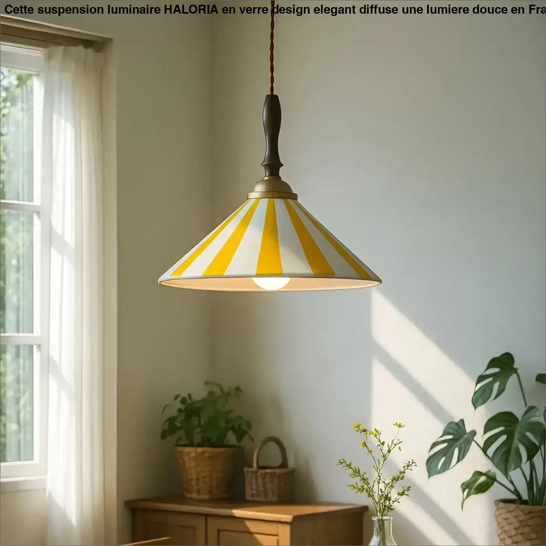 Suspension luminaire nadhy rayée jaune et blanche avec finial en bois et cordon tressé style vintage