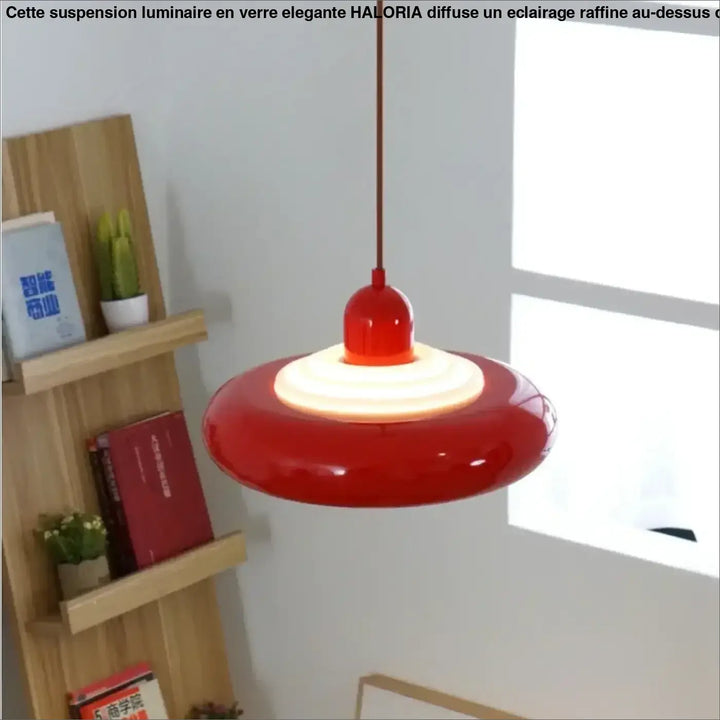Suspension luminaire medina avec abat-jour circulaire rouge brillant en acrylique et centre lumineux chaud