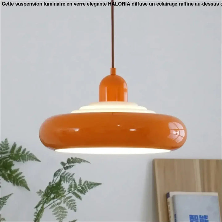 Suspension luminaire medina avec abat-jour disc-shaped orange brillant et tige cylindrique assortie pour intérieur moderne
