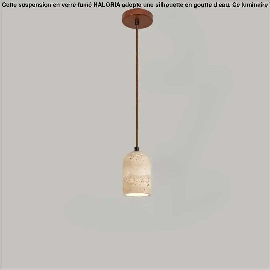 Suspension luminaire kreto avec abat-jour texturé en béton écru et tige métallique cuivre halo doré travertin aux lignes