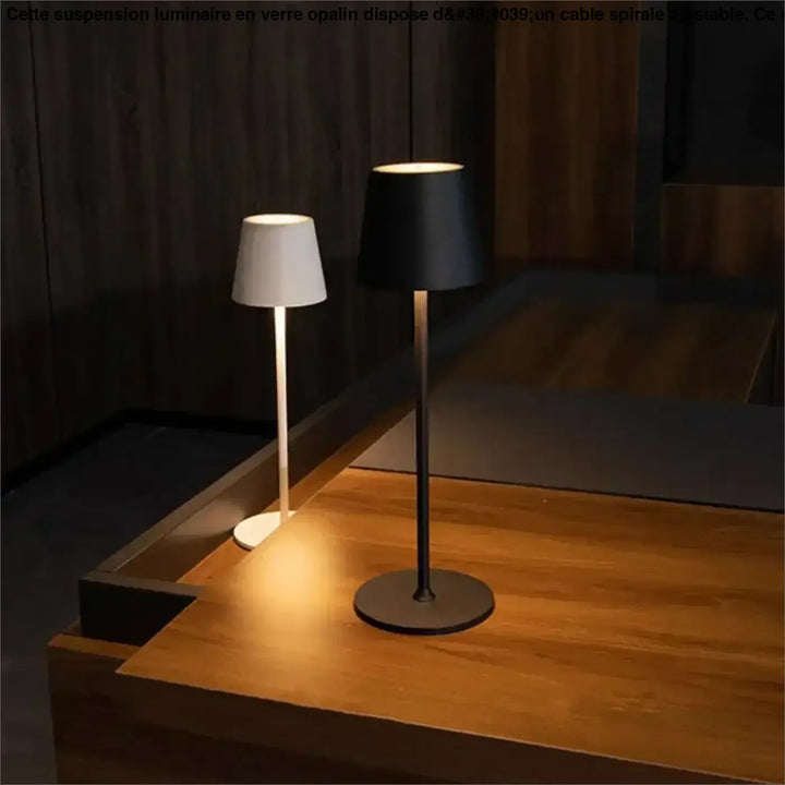 Deux lampes de chevet minimalistes avec abat-jours cylindriques blanc et noir sur tiges métalliques offrent un éclairage doux et une facilité dentretien