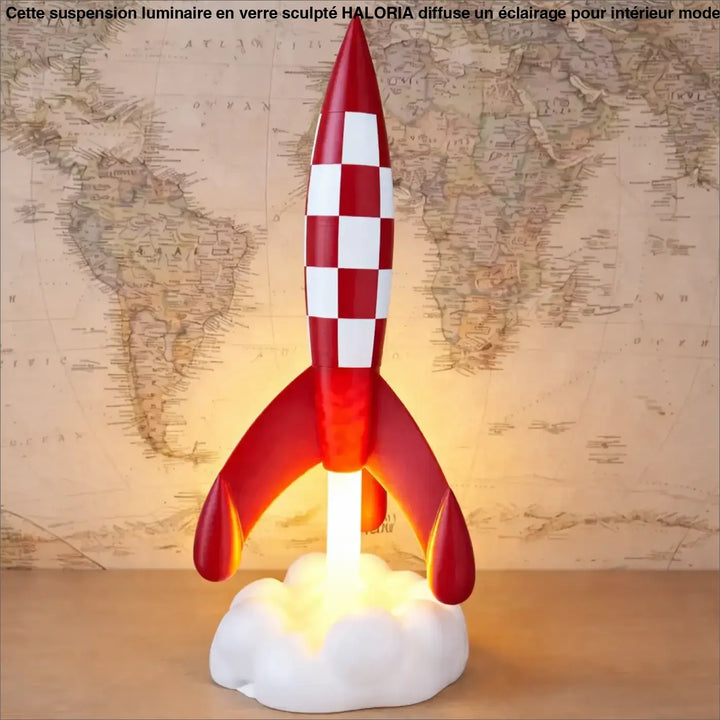 Veilleuse cosmique stellaire en forme de fusée rouge à carreaux blancs avec base lumineuse pour ambiance douce