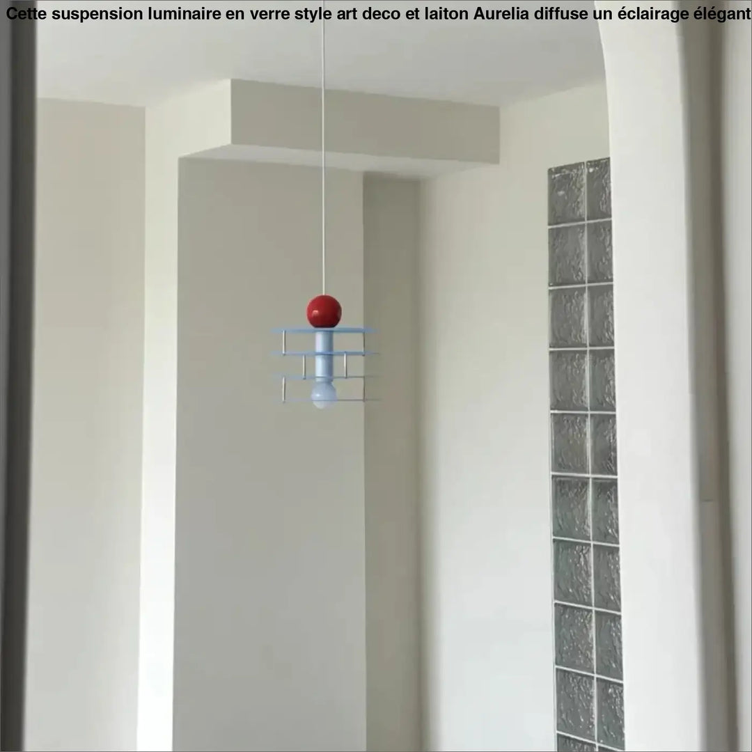 Suspension luminaire contemporaine kellyi avec abat-jour rouge sphérique et structure métallique bleue raffinée