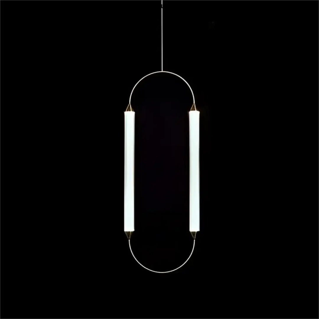 Suspension luminaire orsen avec deux sources lumineuses tubulaires verticales dans un cadre métallique courbé seule couleur chrome