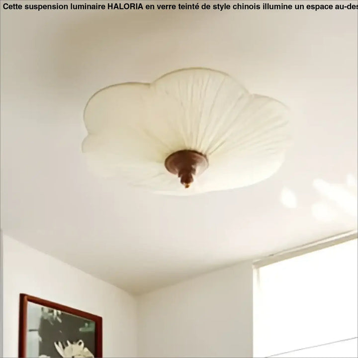 Luminaire plafonnier lotus en forme d’éventail délicat couleur écru avec un support central marron foncé pour lumière devient chaleureuse