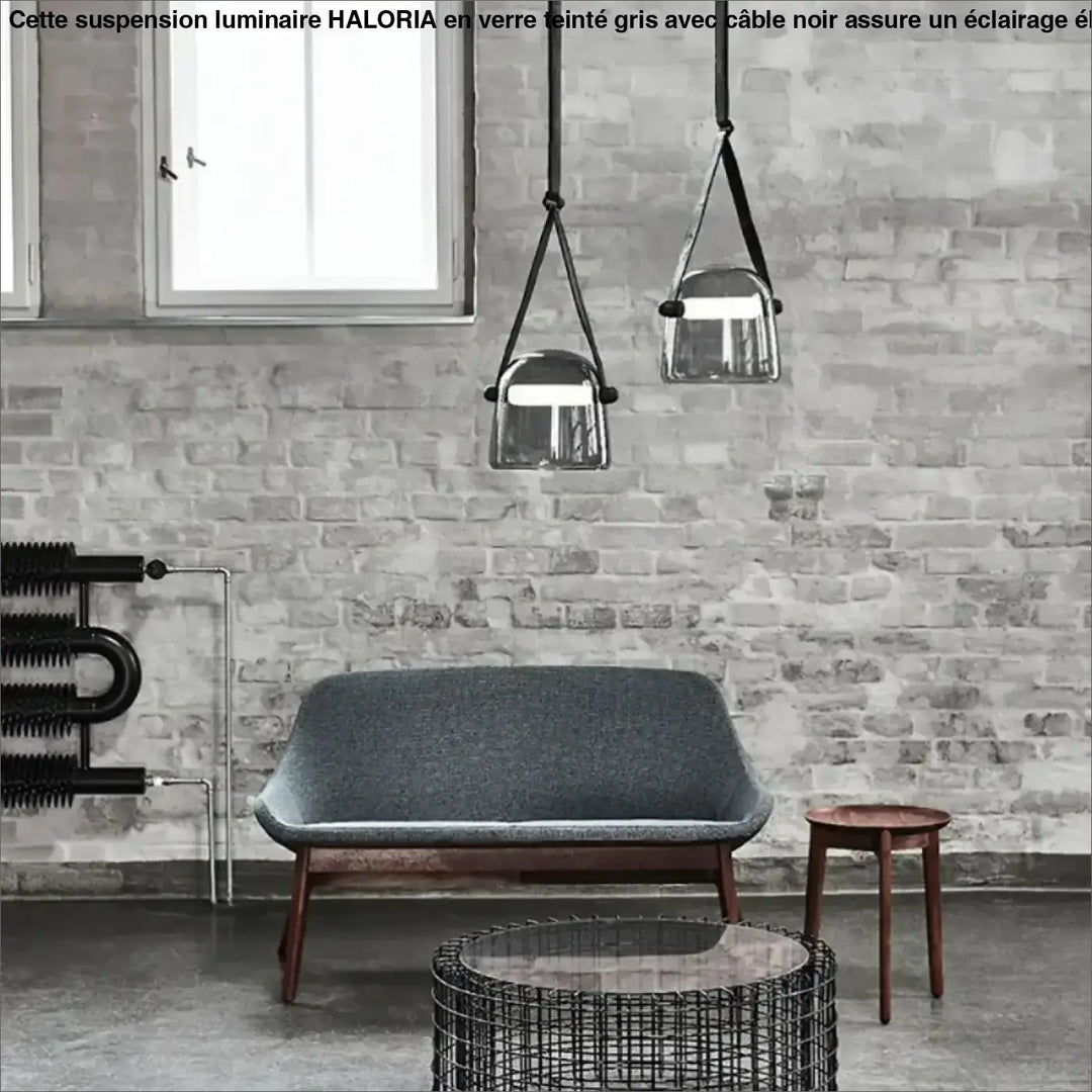 Suspension luminaire en verre teinté gris et à câble noir et original

