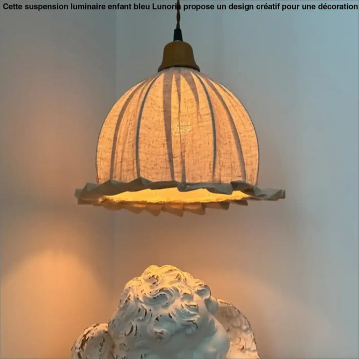 Suspension luminaire vintage en lin avec base en bois naturel