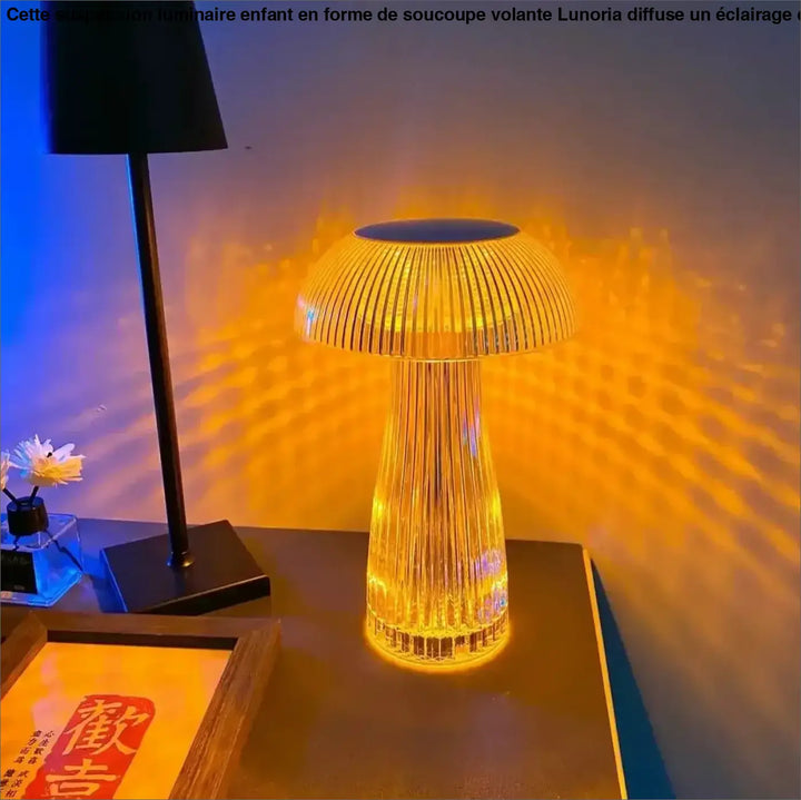 Lampe de table strilia design champignon aux reflets ambre avec base noire élégante et abat-jour translucide côtelé