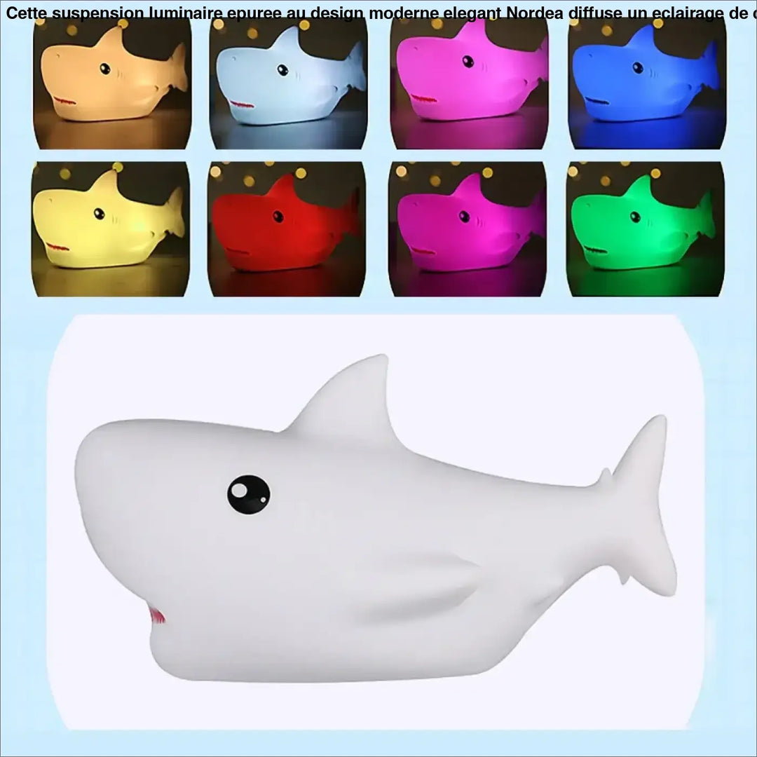 Veilleuse sharky en forme de requin blanc en peluche avec lumière douce, objet décoratif qui sert également de veilleuse