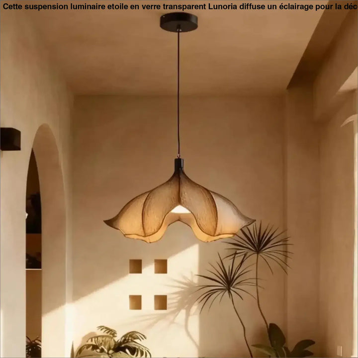Suspension luminaire petunia style floral avec abat-jour en tissu tissé chaud et structure métal noir pour décoration intérieure