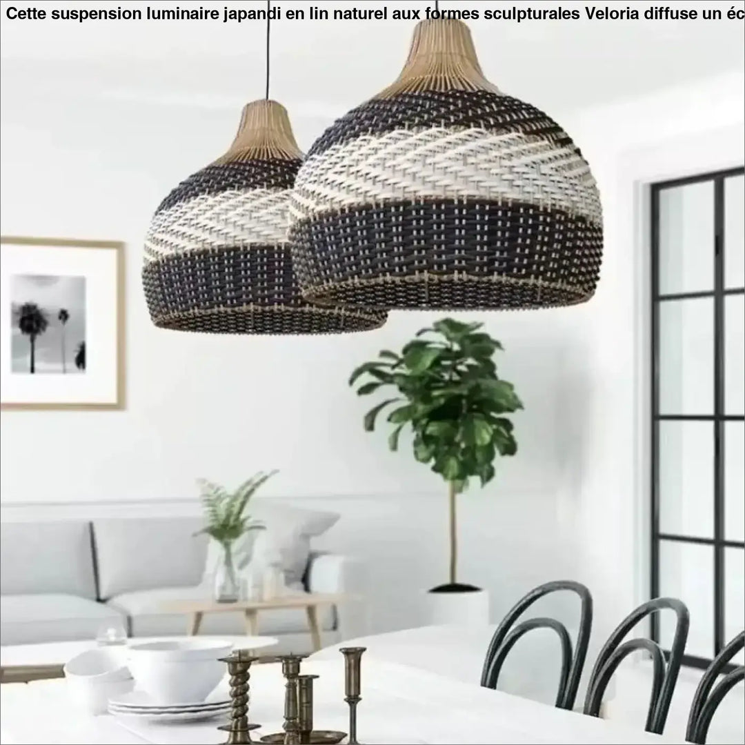Suspension luminaire vannia en osier tissé noir et blanc avec finition en fibre naturelle au design artisanal