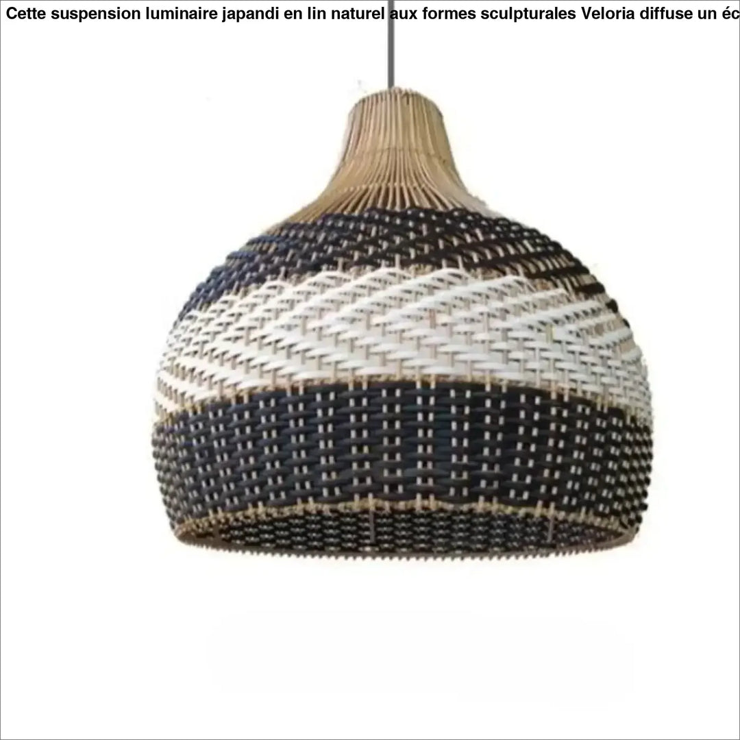 Suspension luminaire vannia en osier tissé naturel noir et blanc rayé design artisanal pour éclairage élégant