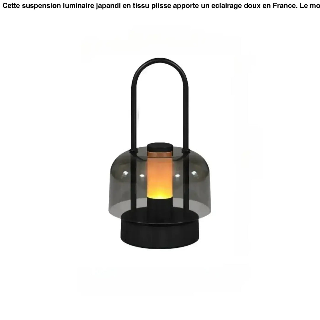 Lampe de table cristo style lanterne noire avec dôme en verre gris translucide et lumière led ambre chaude pour veilleuse