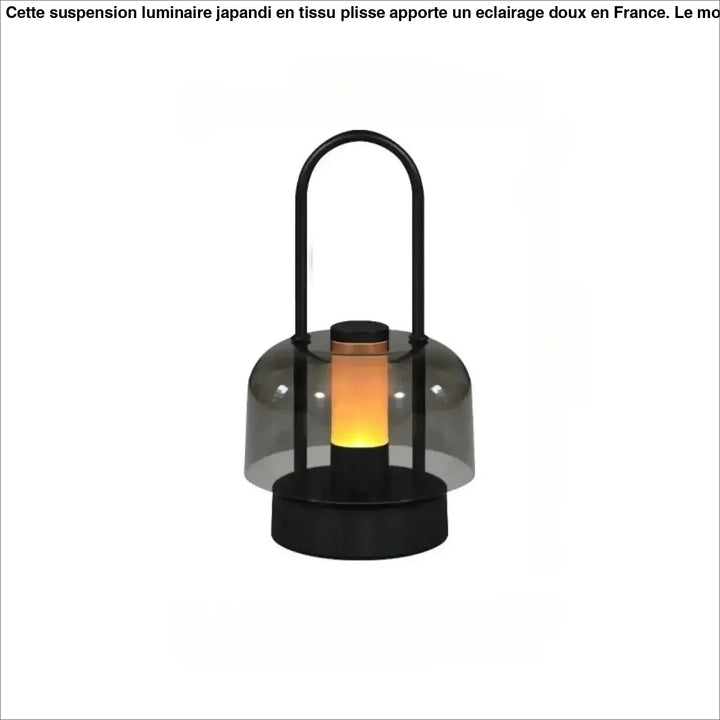Lampe de table cristo style lanterne noire avec dôme en verre gris translucide et lumière led ambre chaude pour veilleuse