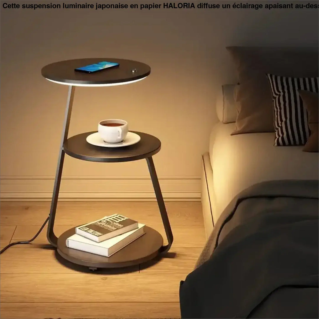 Table d’appoint aux lignes modernes avec étagères circulaires en bois foncé et anneau led intégré lampeadaire elara