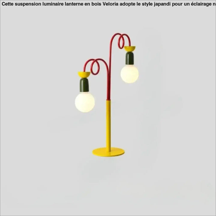 Lampe de table ziggy en métal jaune, rouge et vert avec deux bras courbés et détails rétro, table contemporaine élégante