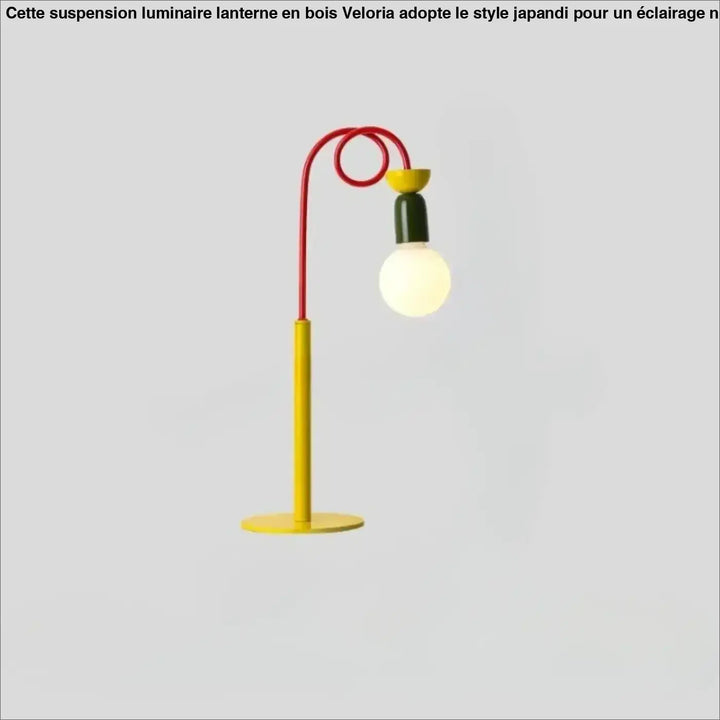 Lampe de table ziggy contemporaine avec base jaune, bras métallique courbé et détails rétro en métal rouge
