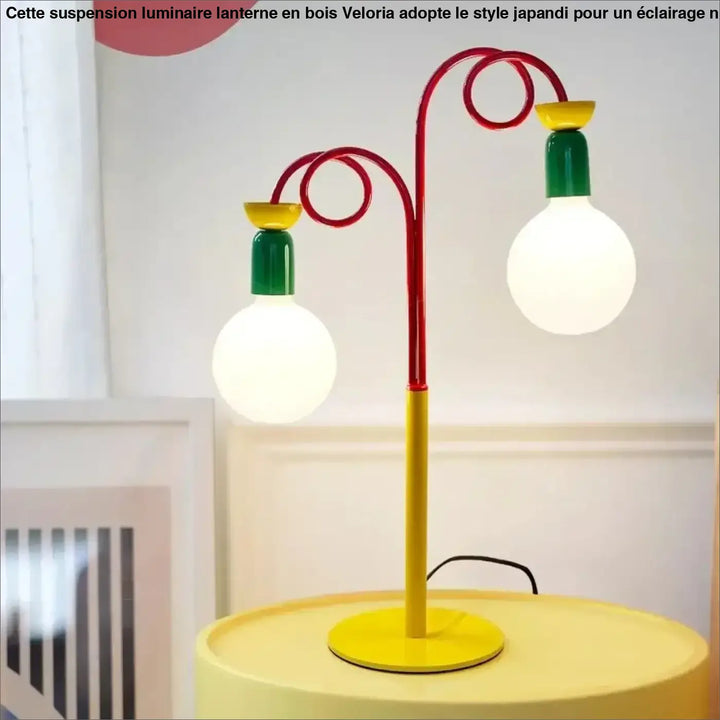 Lampe de table ziggy contemporaine en métal rouge et jaune avec base jaune et détails rétro verts et deux globes lumineux