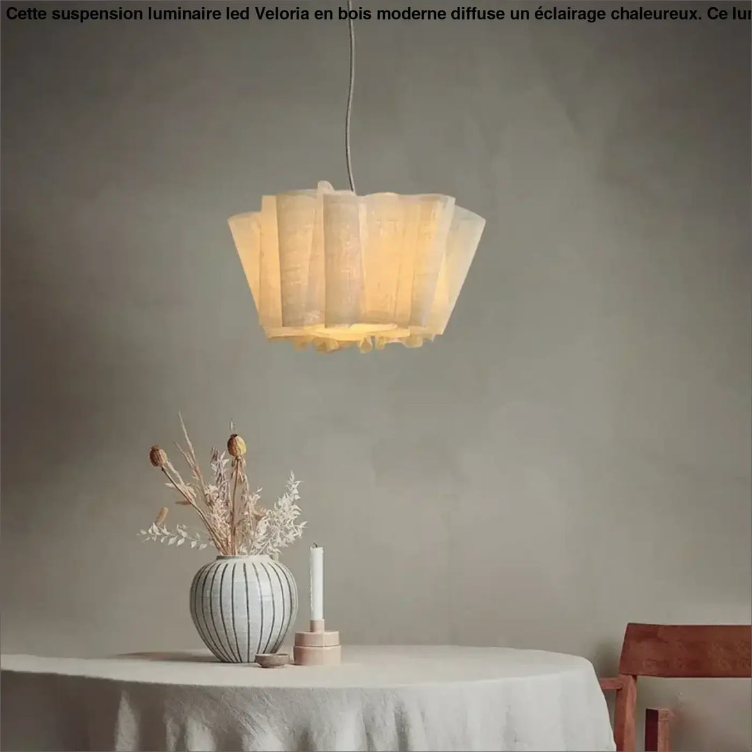 Suspension luminaire led avec abat jour bois moderne en tissu translucide ivoire, lumière chaude douce suspendue au plafond