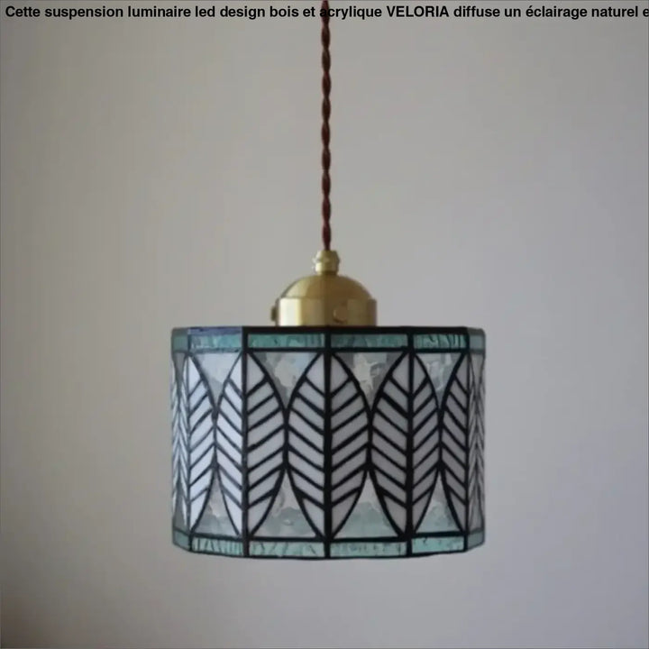 Suspension luminaire style tiffany verre ambré motif feuille vintage