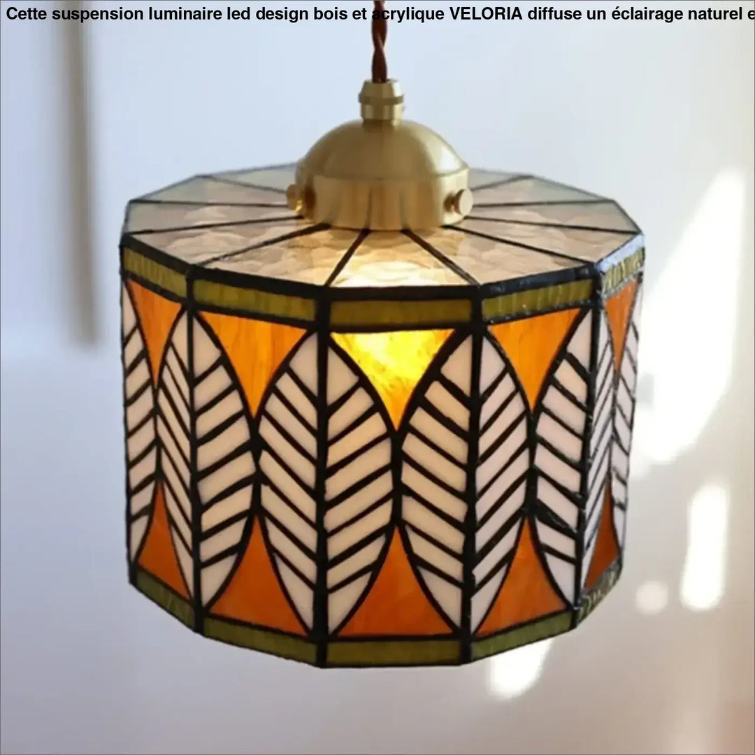 Suspension luminaire style tiffany verre ambré motif feuille vintage