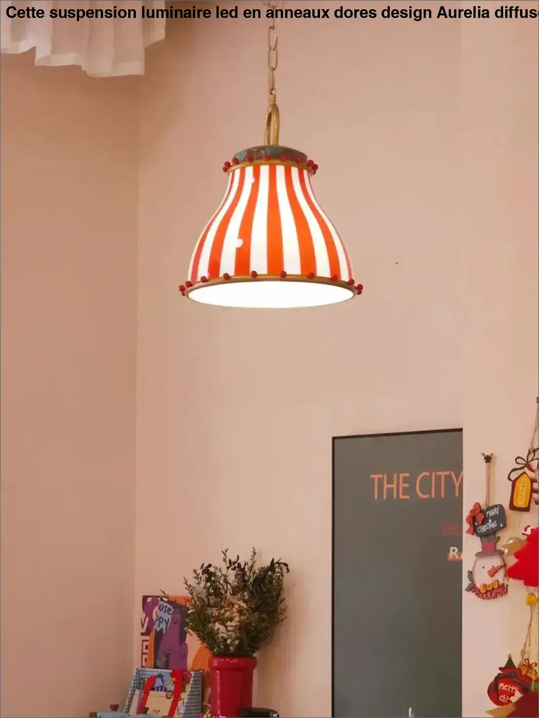 Suspension luminaire vintage en rouge motif rayé décoratif