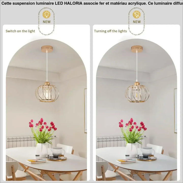 Suspension luminaire design doré cage métal et cristaux luxe