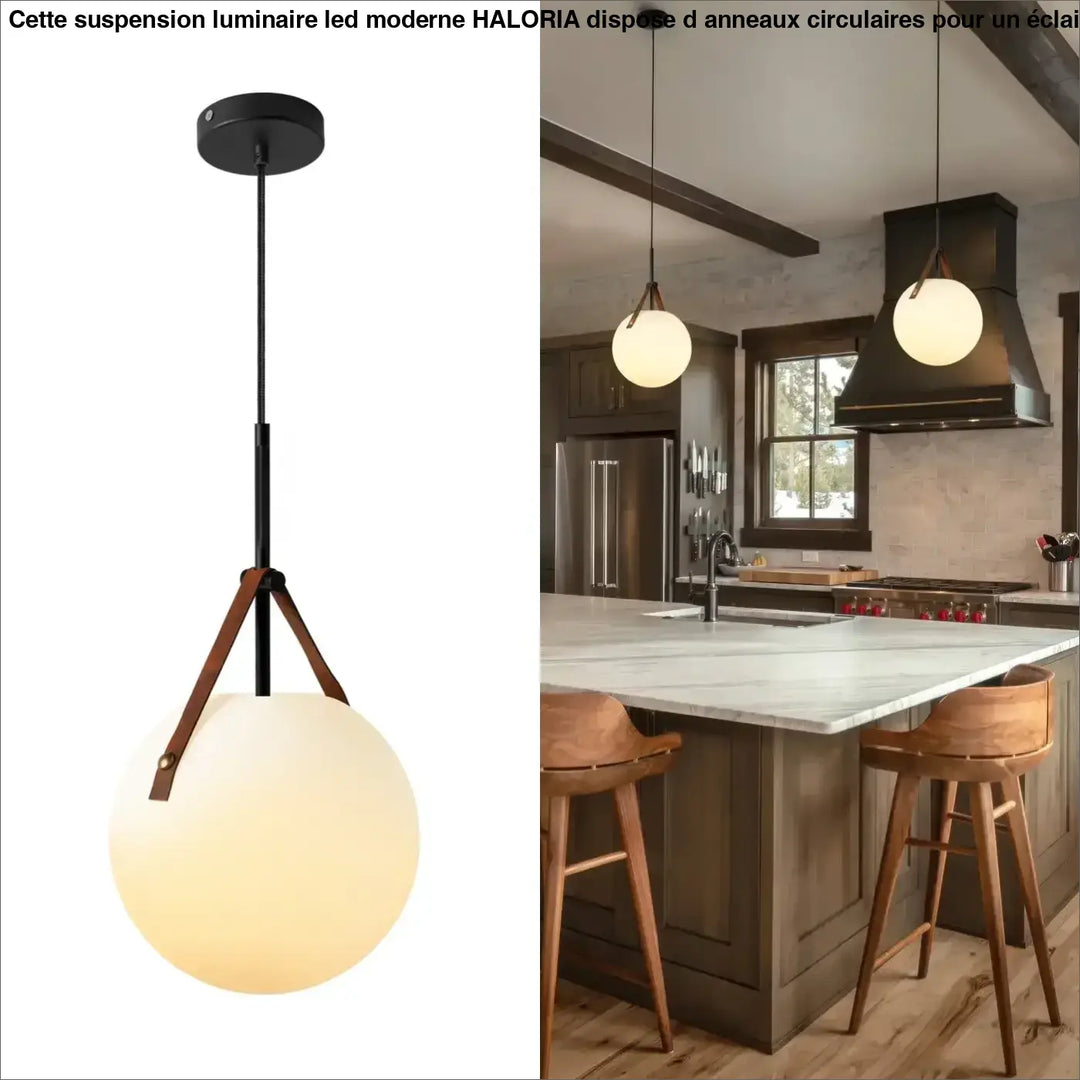 Suspension luminaire boule blanche avec sangle cuir moderne