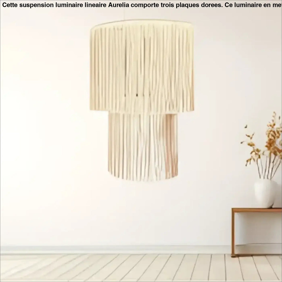 Suspension luminaire hasley beige en macramé avec design cylindrique à étages en matières naturelles style bohème