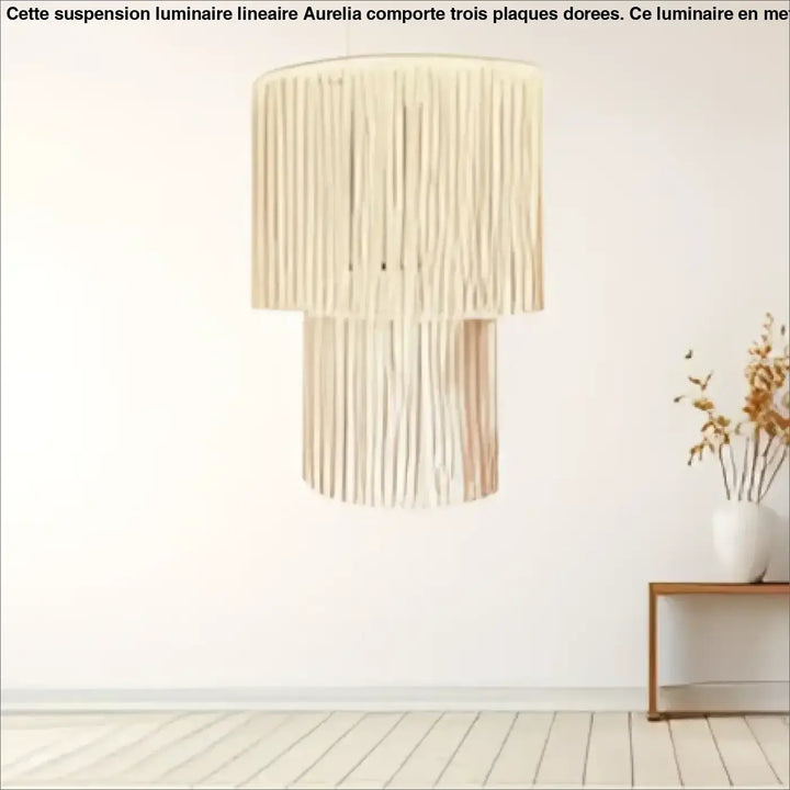 Suspension luminaire hasley beige en macramé avec design cylindrique à étages en matières naturelles style bohème