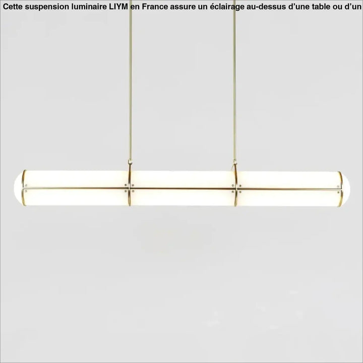 Suspension luminaire liym avec corps cylindrique en verre dépoli et accents en laiton poli, idéal au-dessus d’une table ou d’un coin salon