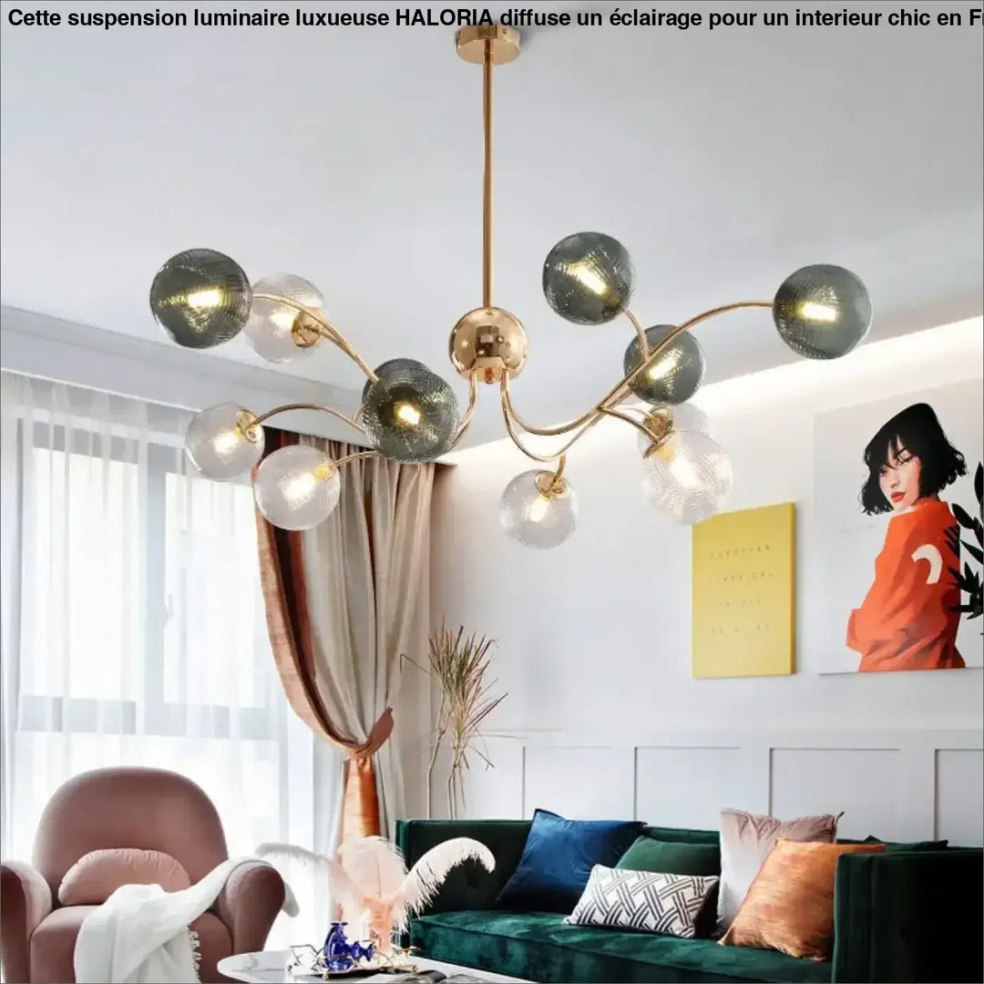 Suspension luminaire design contemporain norsa en laiton avec sphères en verre translucide gris et clair suspendues élégamment