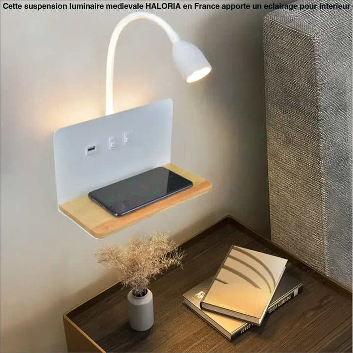 Applique murale led blanche nikavec avec lampe flexible usb integré et etagere en bois pour appareils
