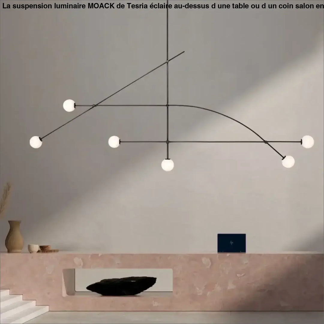 Suspension luminaire style moderne en métal noir avec six globes en verre blanc pour un éclairage contemporain