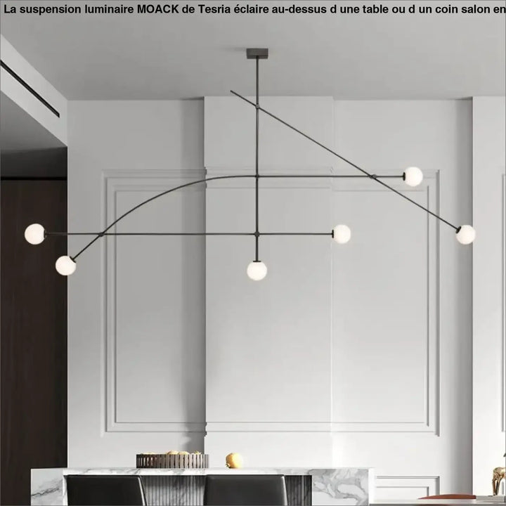 Suspension luminaire style moderne moack en métal noir avec six globes en verre blanc sphériques