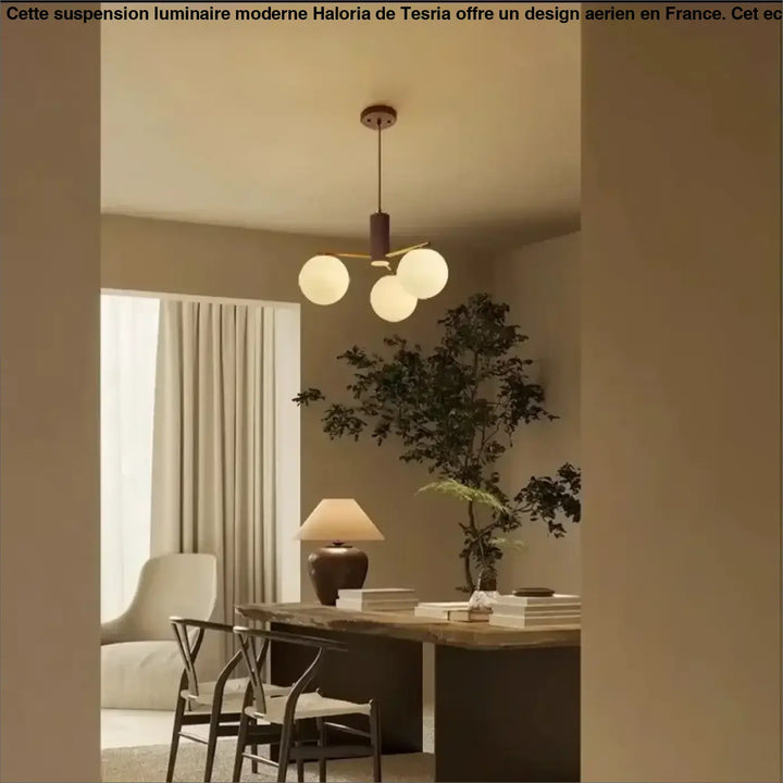 Suspension luminaire juglys avec trois sphères lumineuses en verre givré et finition bronze foncé moderne minimaliste