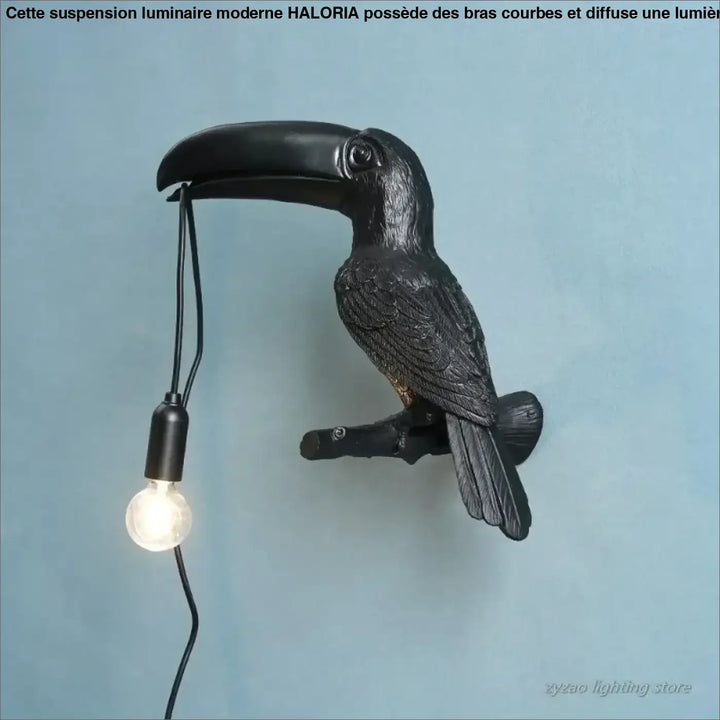Applique murale design toucan noir avec finition matte texturée et ampoule apparente suspendue à son bec