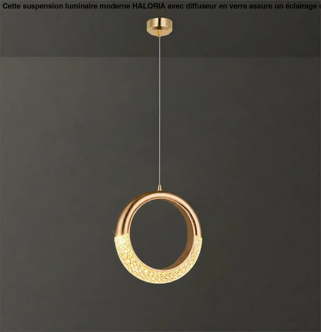Suspension luminaire aluna ton doré avec abat-jour circulaire texturé et partie inférieure illuminée décorative