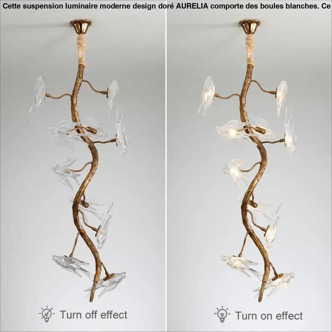 Suspension Design Branche Dorée Avec Fleurs Lumineuses