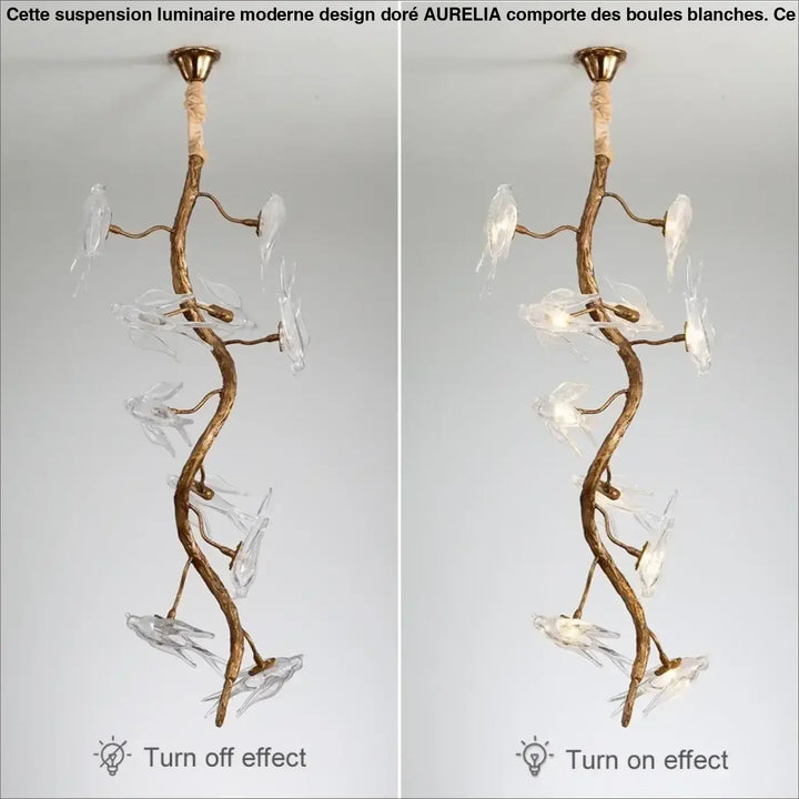 Suspension Design Branche Dorée Avec Fleurs Lumineuses