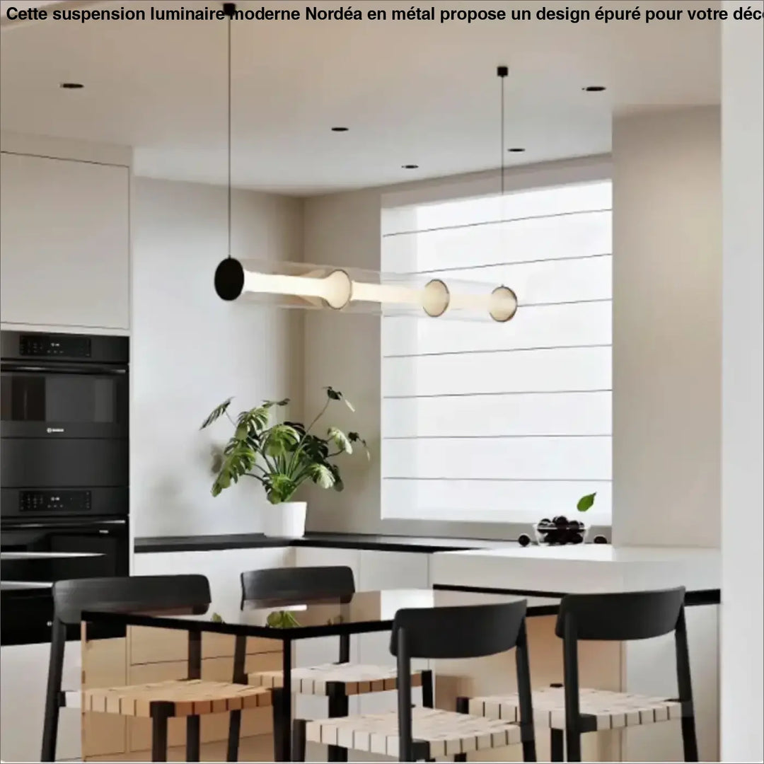 Suspension luminaire moderne avec un design epure en métal, verre translucide et accents noirs circulaires par nordéa