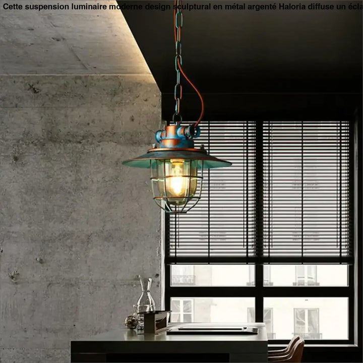 Suspension Industrielle Métal Cage Rétro Bleu Vieilli

