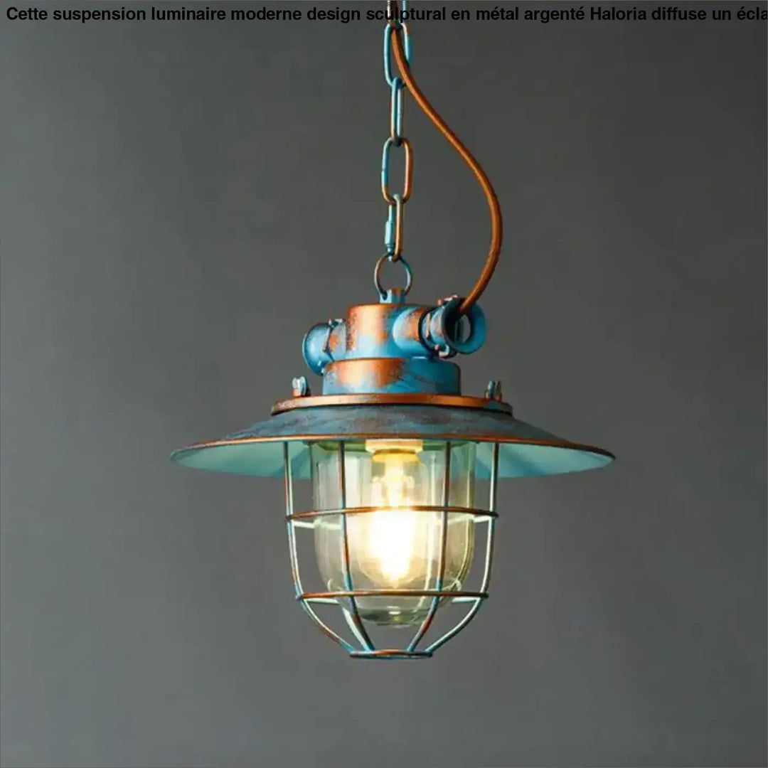 Suspension Industrielle Métal Cage Rétro Bleu Vieilli

