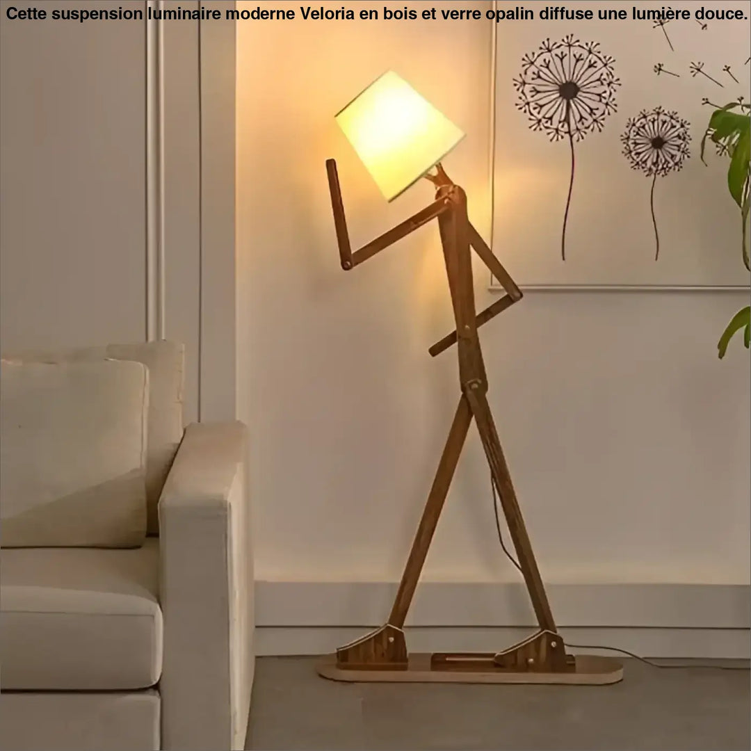 Lampadaire en bois articulé avec abat-jour carré beige et structure en fer type diaphane