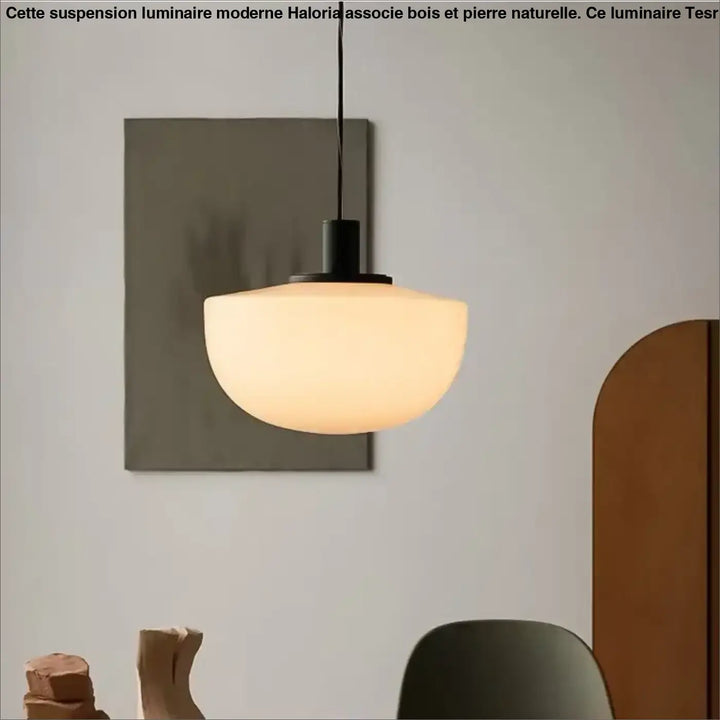 Suspension luminaire moderne avec abat-jour en verre dépoli et structure en métal noir dans la collection haloria