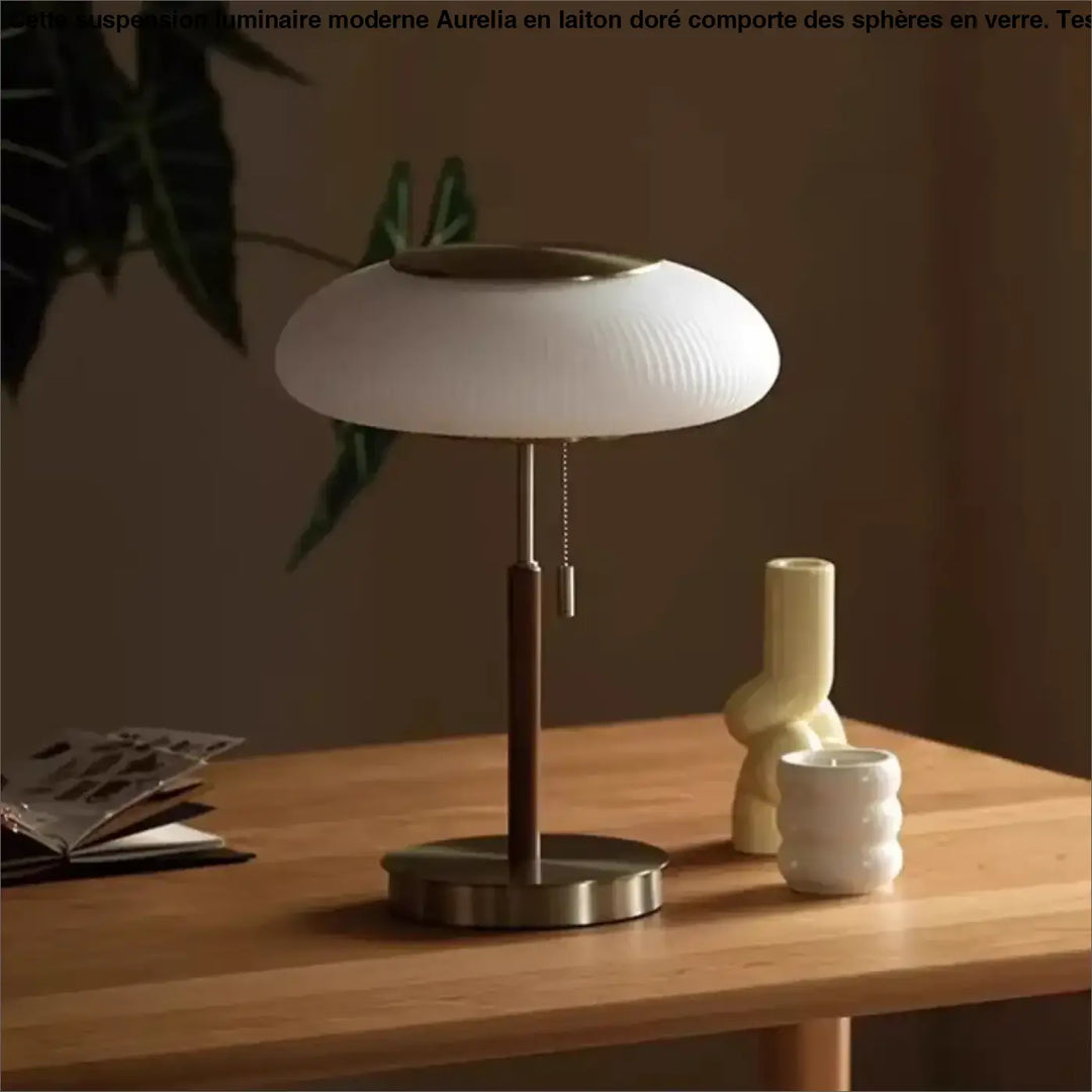 Suspension luminaire elumina avec abat-jour style champignon en verre blanc nervuré et base en métal brossé