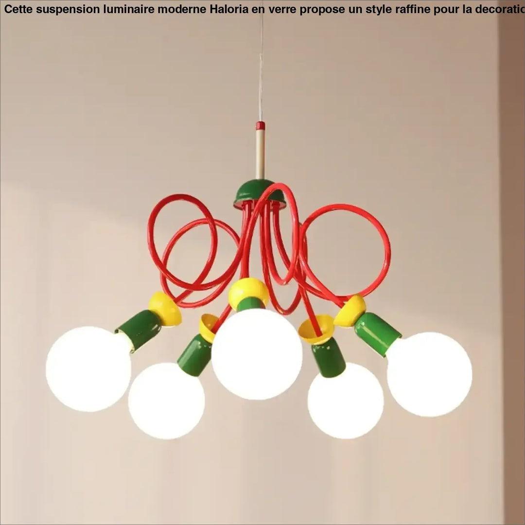 Lustre filéa luminaire décoratif d’intérieur avec cinq globes blancs et cordons rouges et verts torsadés