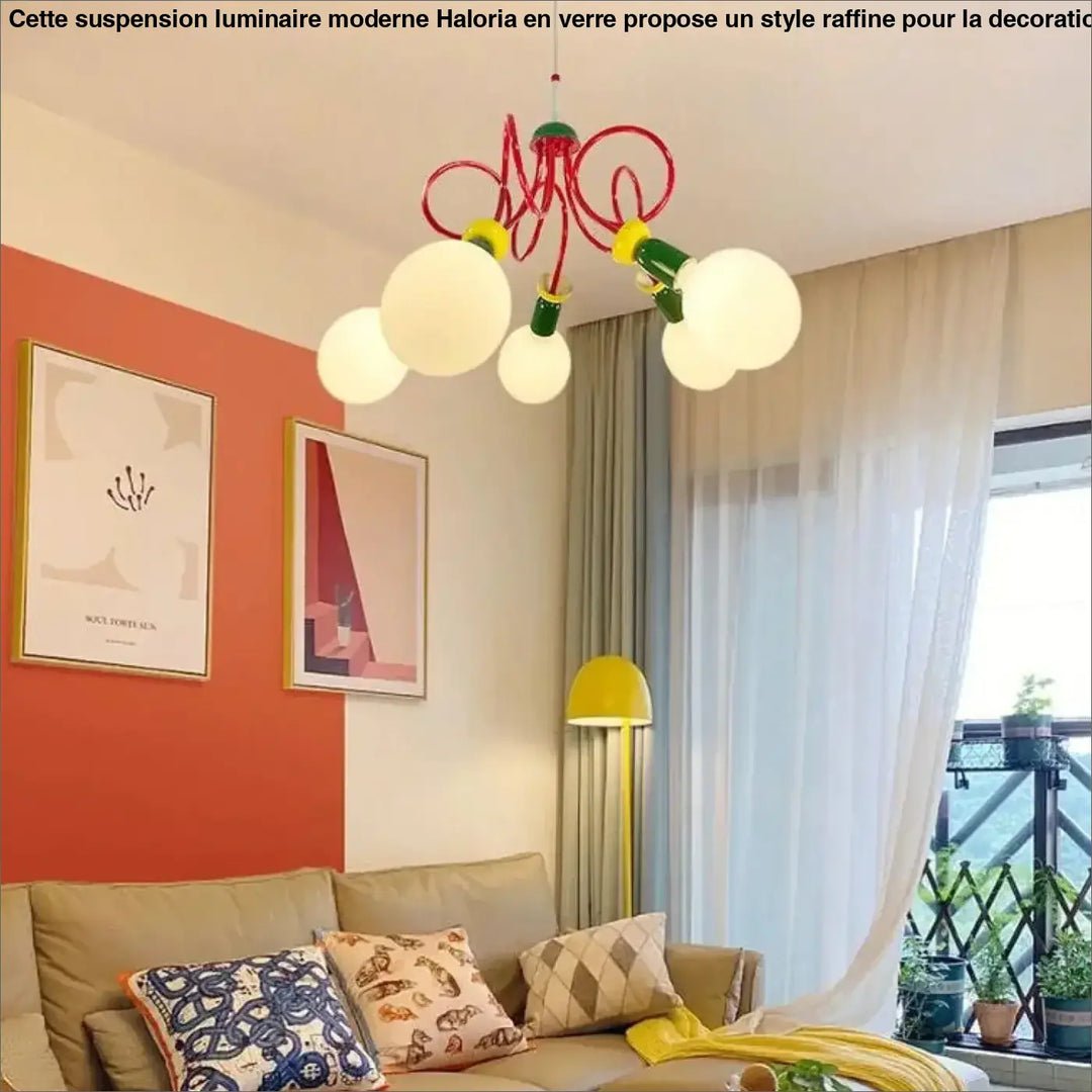 Lustre filéa luminaire décoratif d’intérieur rouge vert jaune avec globes en verre dépoli multicolore